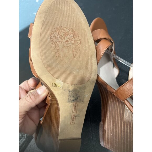 Vince Camuto Wedge Sandals Womens 8.5 Tan Leather Ankle Cross Strap 70s Resort - Picture 6 of 7